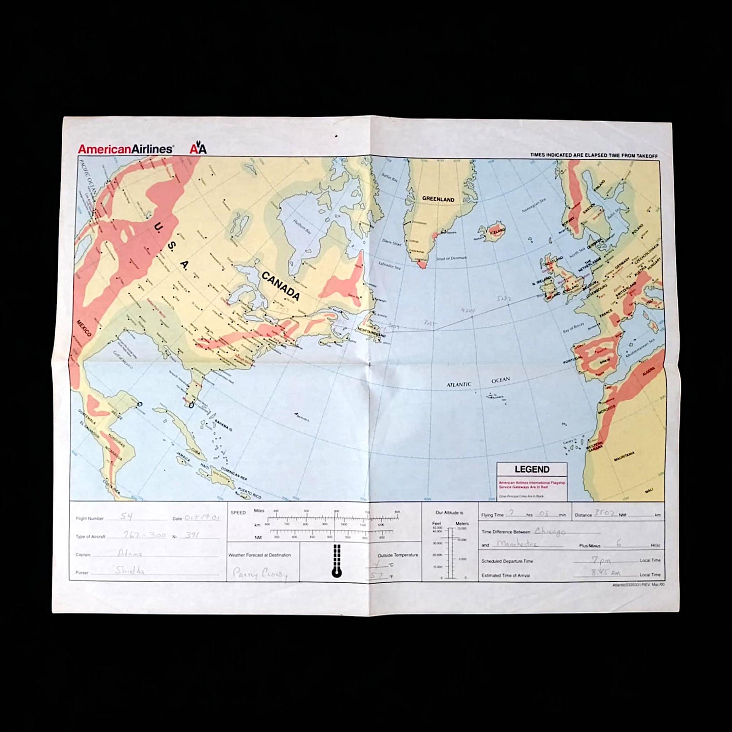 Vintage American Airlines Flight Route Map Chicago Manchester Flight Path Map