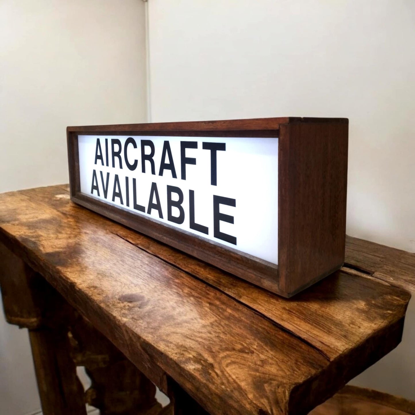 Authentic Vintage Illuminated Airport Sign – AIRCRAFT AVAILABLE Lightbox | Aviation Decor | Industrial Lamp | Mahogany | Hangar Style