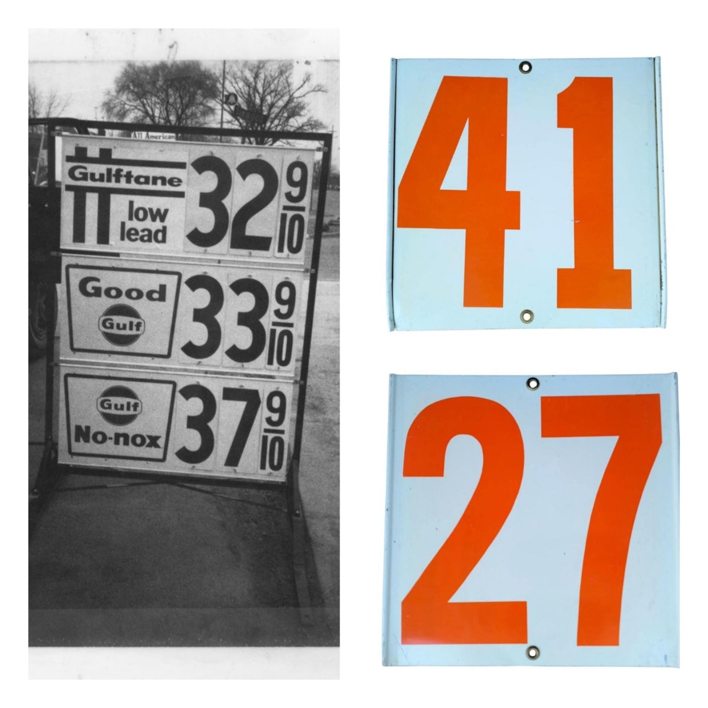 Vintage 1960s Gulf Gas Price Tin Sign Double-Sided Number 41 & 27 Original Petroliana Americana Sign