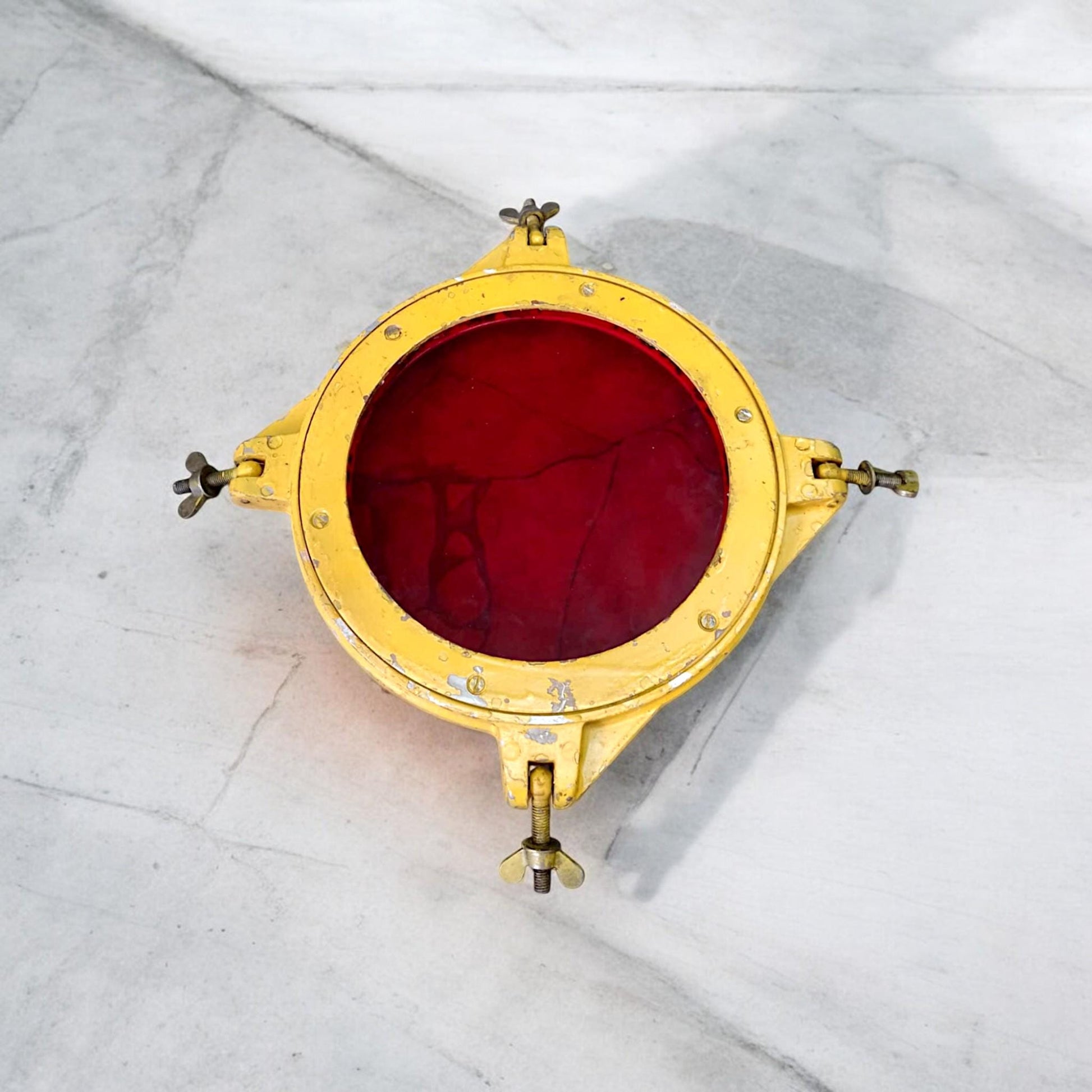 Vintage Soviet Military Airfield Lamp Cover with Red Glass - Aviation Decor Industrial Upcycling