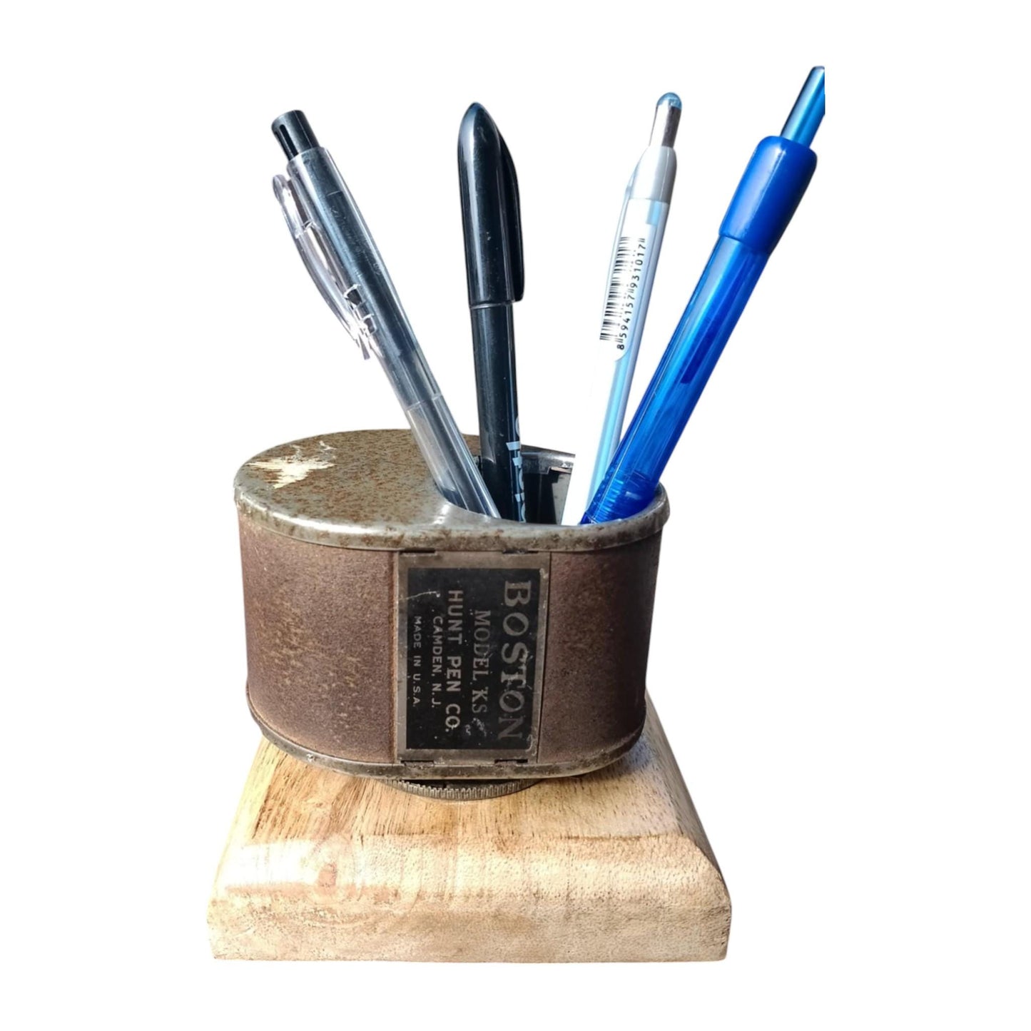 Vintage Desk Pen Holder Organizer Made of Antique Boston KS Pencil Sharpener 1940s