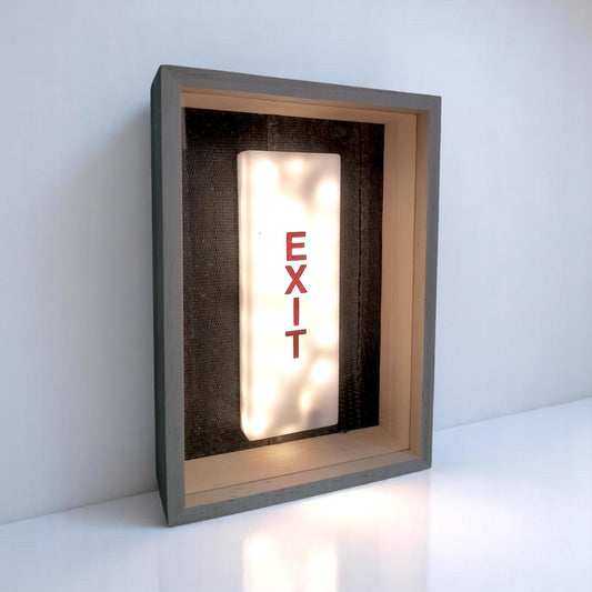 Authentic Boeing 757 Aircraft EXIT Framed Sign Light – USB LED Lamp in Shadow Box – Aviation Collectible with 747 Seatbelt Backing Lightbox