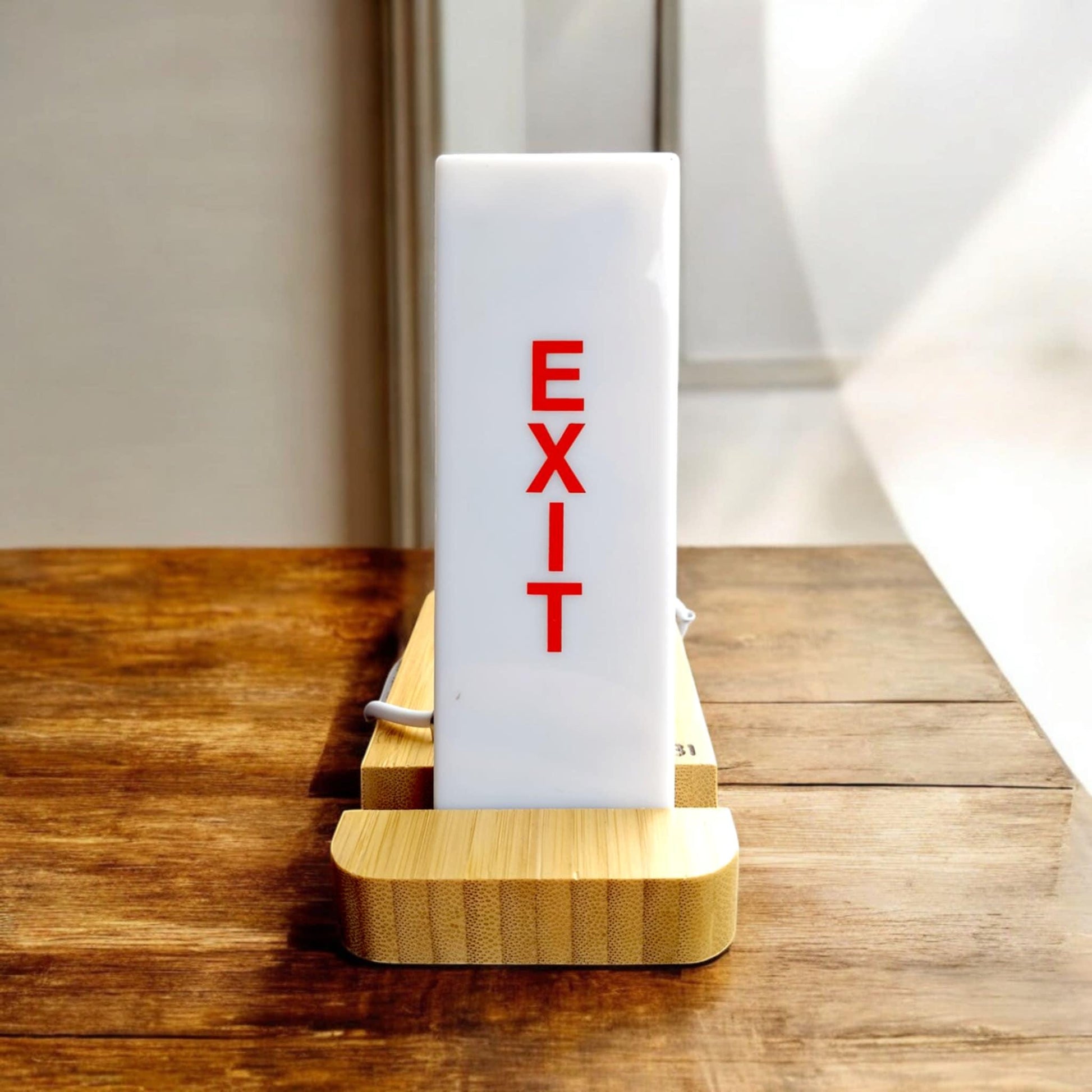 Original Boeing 757 EXIT Sign Desk Lamp – USB LED Light on Bamboo Stand – Minimalist Vintage Aviation Decor - Aviation Industrial Lamp