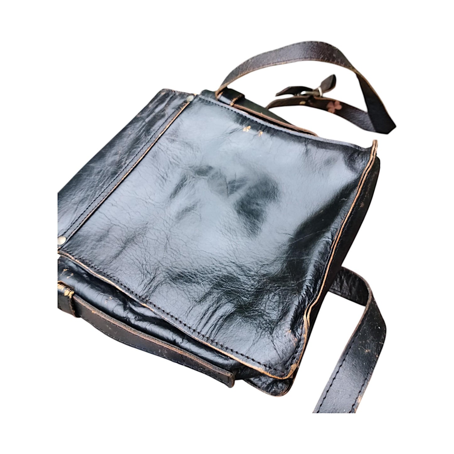 Vintage Black Genuine Leather Shoulder Bag 1970 Central Europe