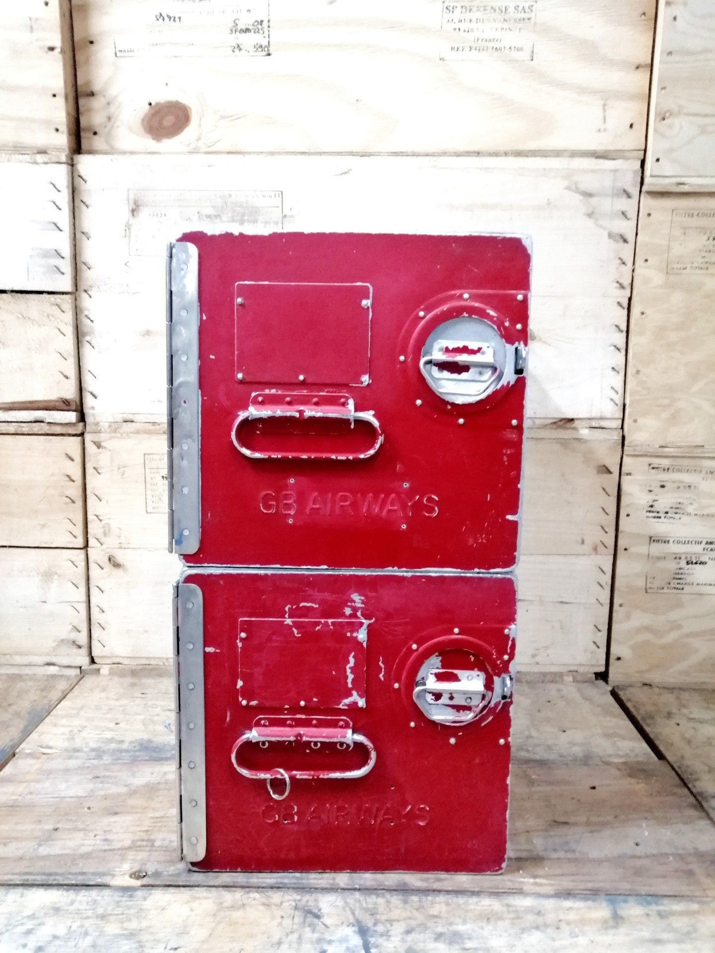 Lot of 2 GB Airways Original Vintage Airline Galley Boxes, Aircraft Storage Containers, Industrial Cabinet