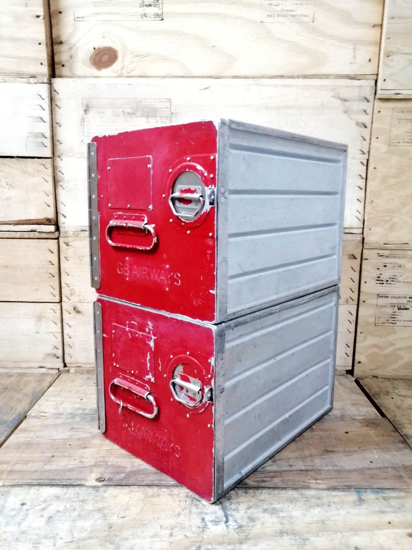 Lot of 2 GB Airways Original Vintage Airline Galley Boxes, Aircraft Storage Containers, Industrial Cabinet