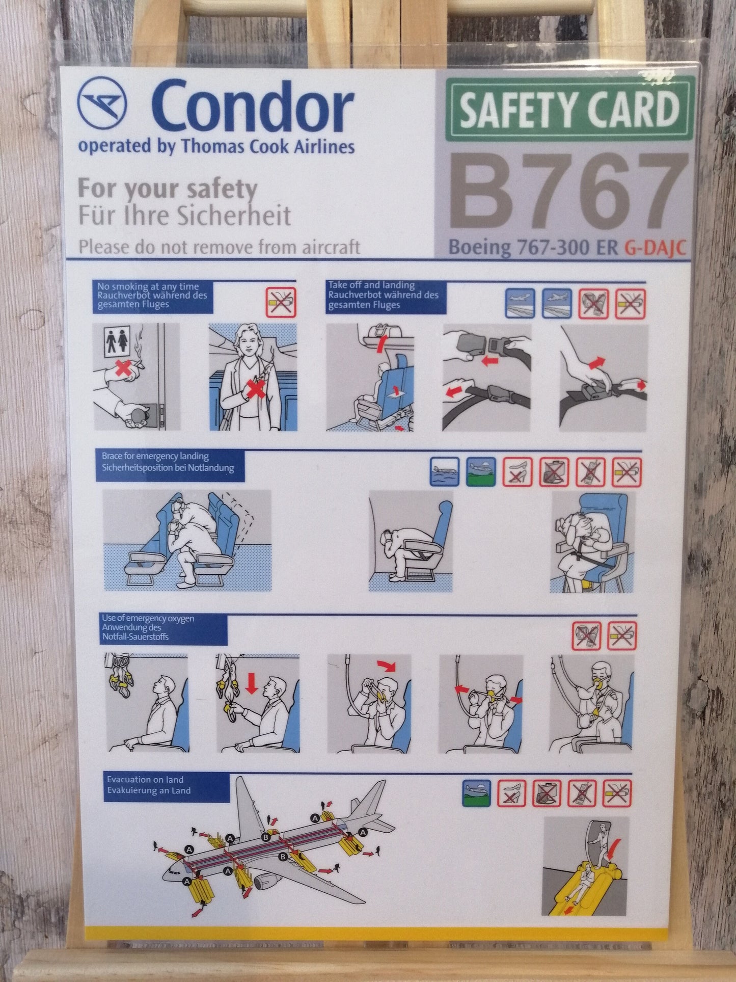 Original Safety Card Boeing 767 Condor - Thomas Cook - Reg Number G-DAJC