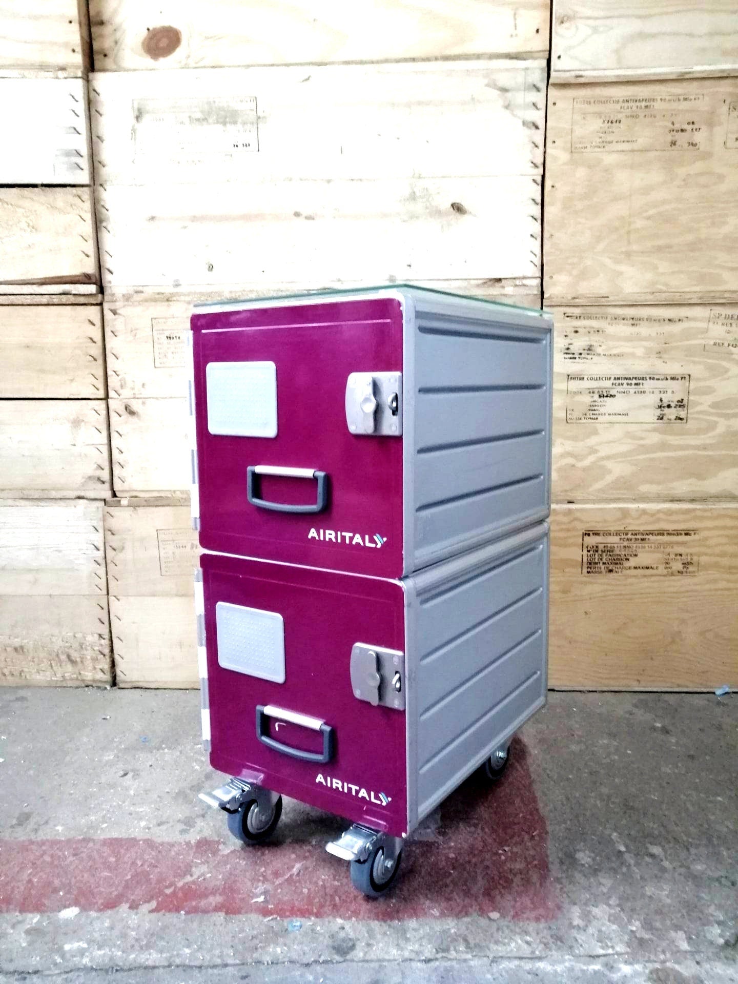 Aircraft Cabinet, Aviaton Storage Cart, Side Table Made of Original Airline Galley Boxes Air Italy, Handmade
