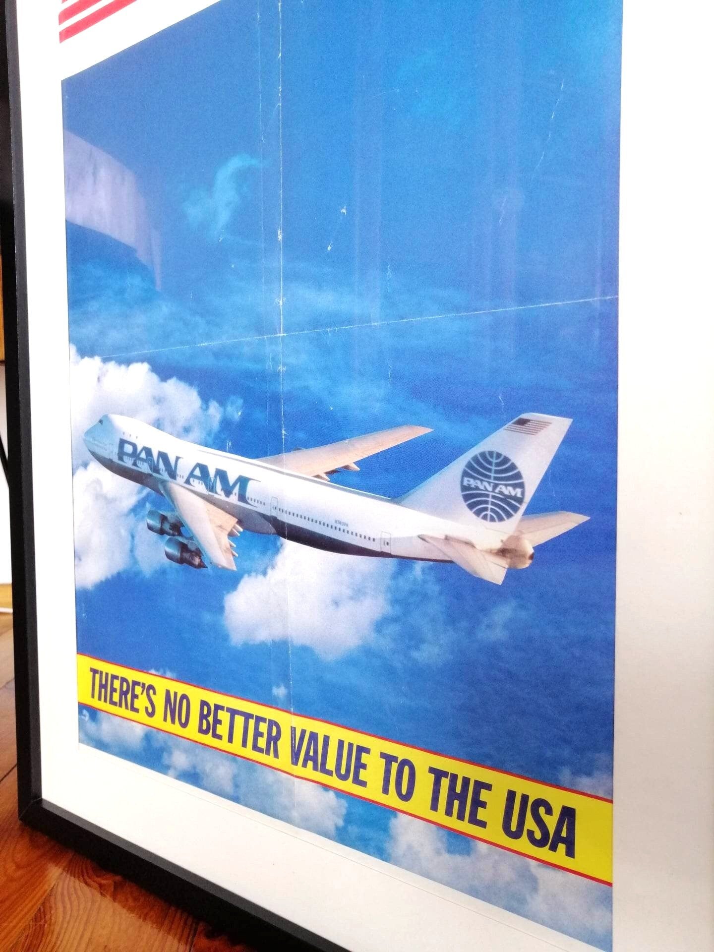 Original Pan Am Boeing 747 Framed Poster - | There is no Better Value to the USA | Pan American World Airways Poster 1970s | Aviation Gift