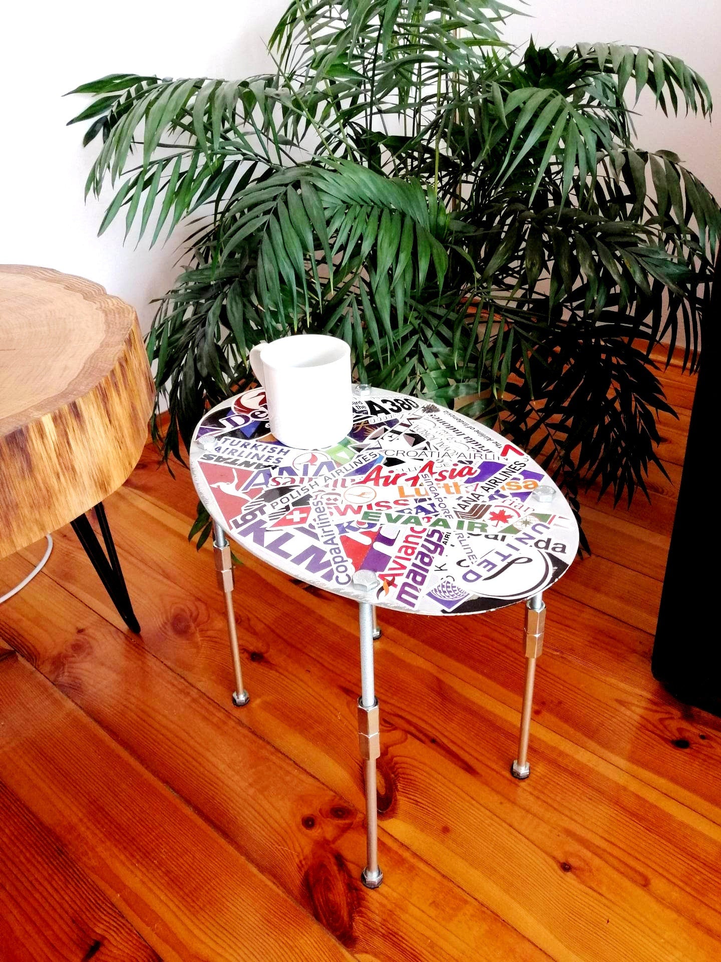 Aviation Side Table | Aircraft Side Table Upcycled from Airbus A319 Fuel Tank Door Panel PT-MZF | Aviation Art - World Airlines Graphics