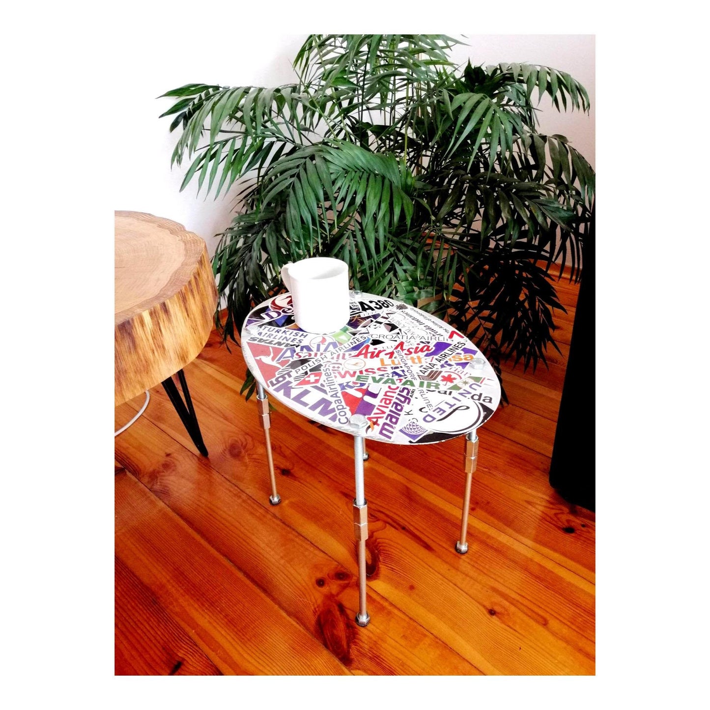 Aviation Side Table | Aircraft Side Table Upcycled from Airbus A319 Fuel Tank Door Panel PT-MZF | Aviation Art - World Airlines Graphics