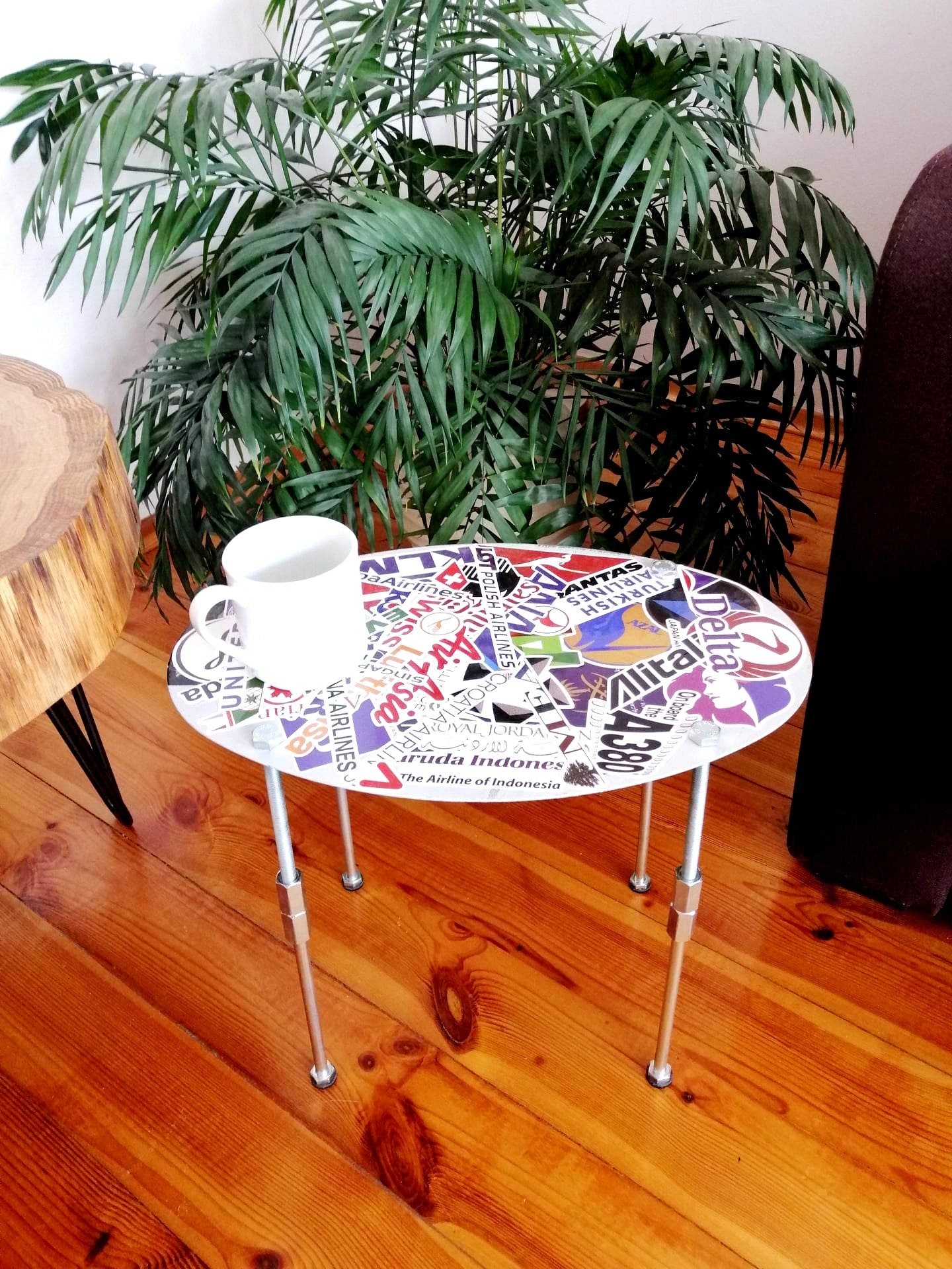 Aviation Side Table | Aircraft Side Table Upcycled from Airbus A319 Fuel Tank Door Panel PT-MZF | Aviation Art - World Airlines Graphics