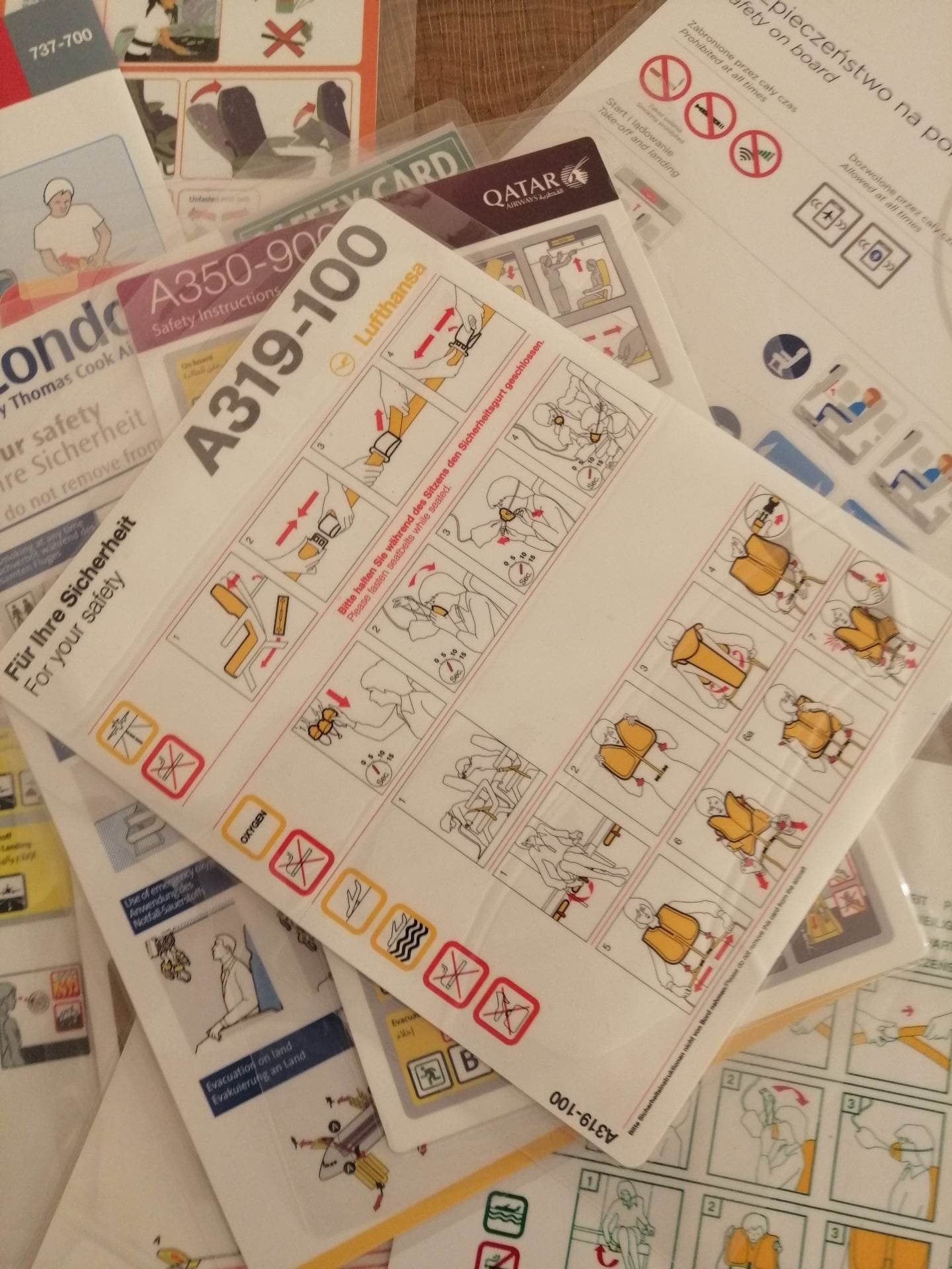 Lot of 10 Airline Safety Cards | Qatar Lufthansa Emirates LTE Condor Thai KLM | Boeing Airbus