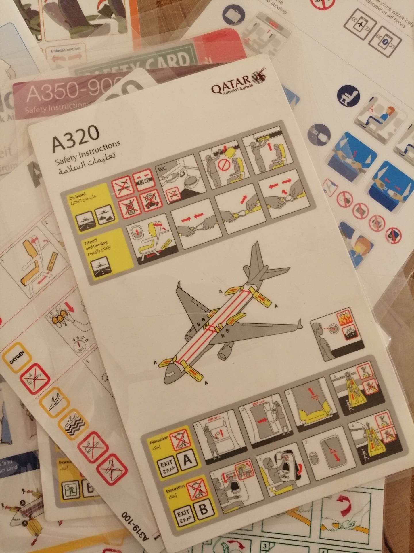 Lot of 10 Airline Safety Cards | Qatar Lufthansa Emirates LTE Condor Thai KLM | Boeing Airbus