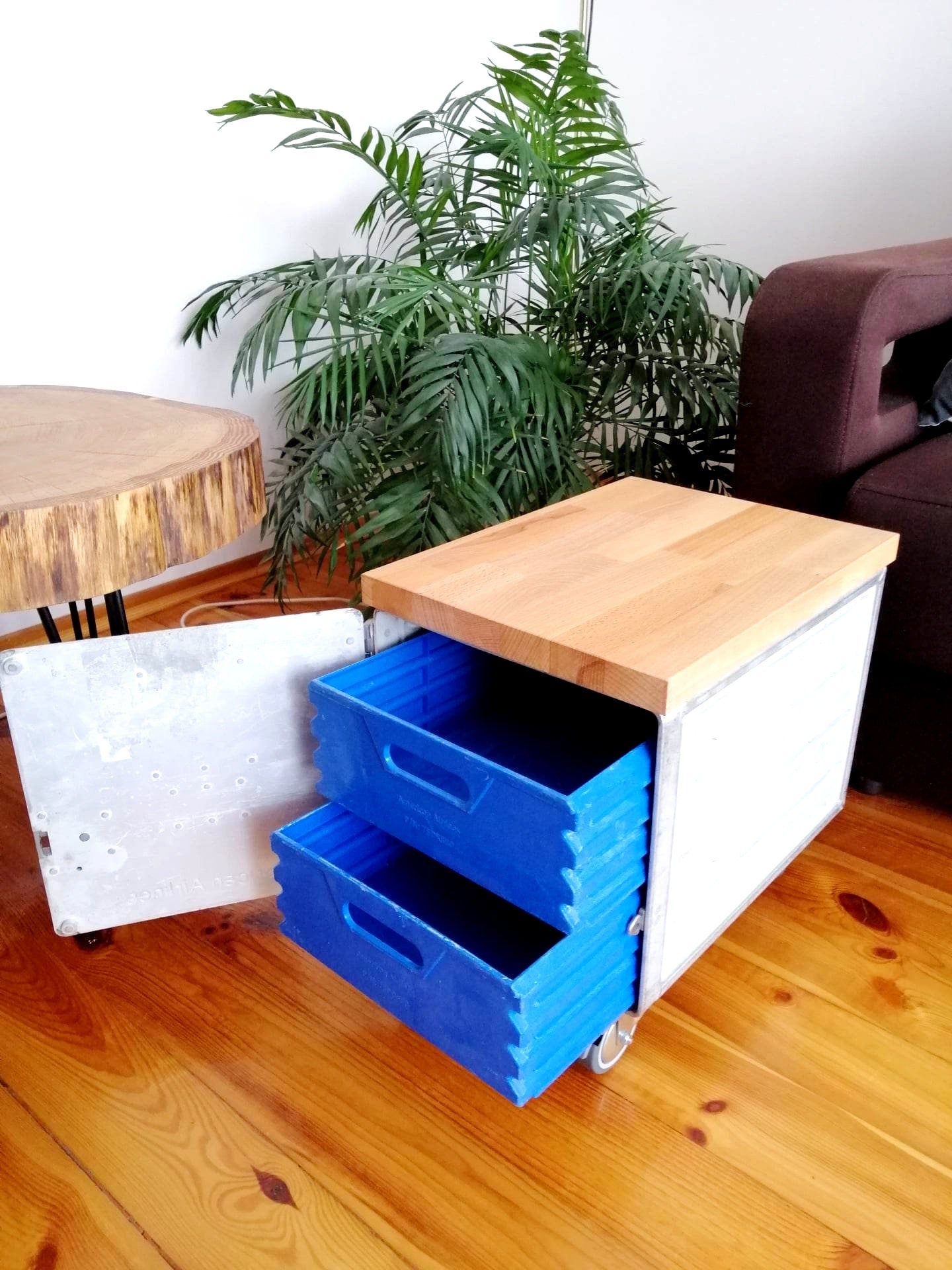 American Airlines Side Table Galley Box with 2 AA Drawers and Wooden Top | Airplane Cabinet