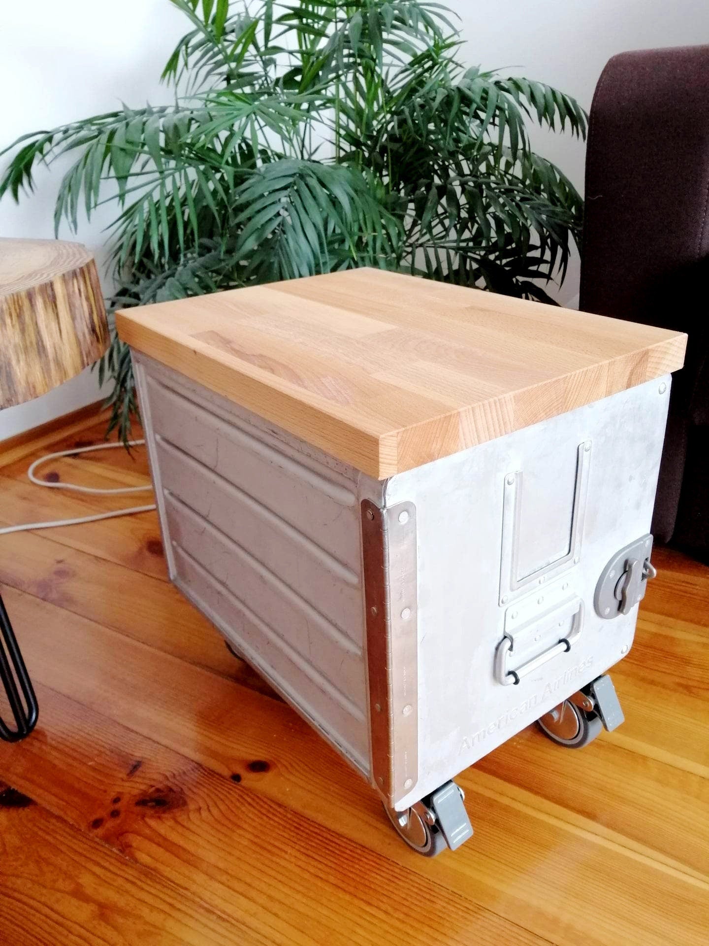 American Airlines Side Table Galley Box with 2 AA Drawers and Wooden Top | Airplane Cabinet