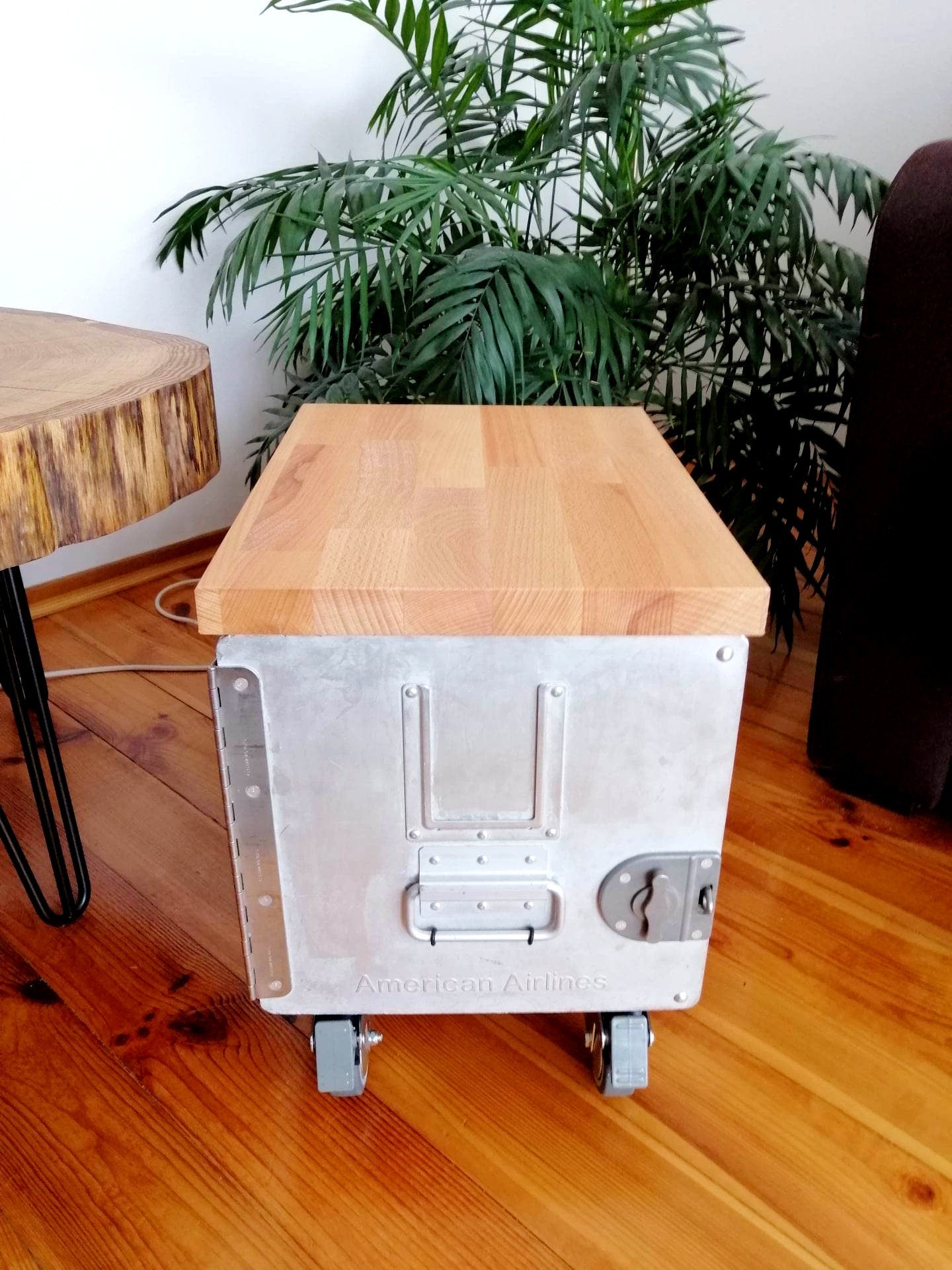 American Airlines Side Table Galley Box with 2 AA Drawers and Wooden Top | Airplane Cabinet