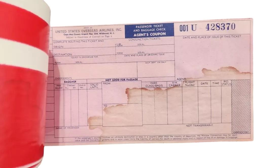 United States Overseas Airlines 200 Unused Passenger Ticket & Baggage Check Booklet 1950s with Original Box