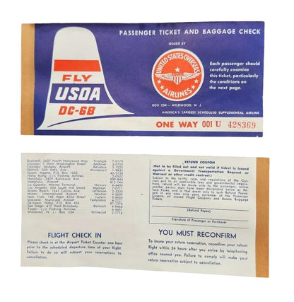 United States Overseas Airlines Unused Passenger Ticket & Baggage Check Booklet 1950s