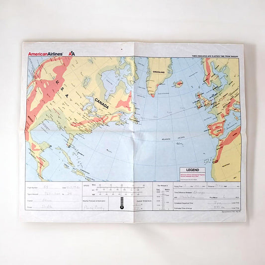 Vintage American Airlines Flight Route Map Chicago Manchester Flight Path Map