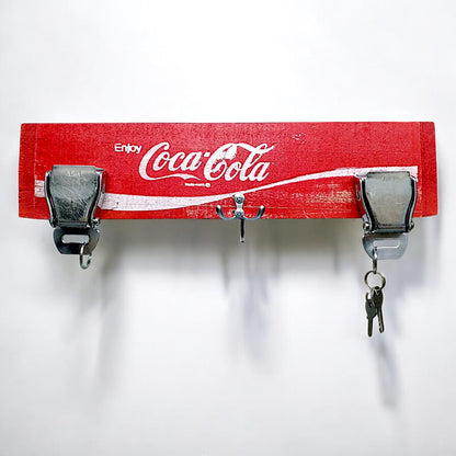 Key Rack Hanger Made of Original Boeing 747 Seatbelts Virgin Atlantic & Vintage Coca Cola Board
