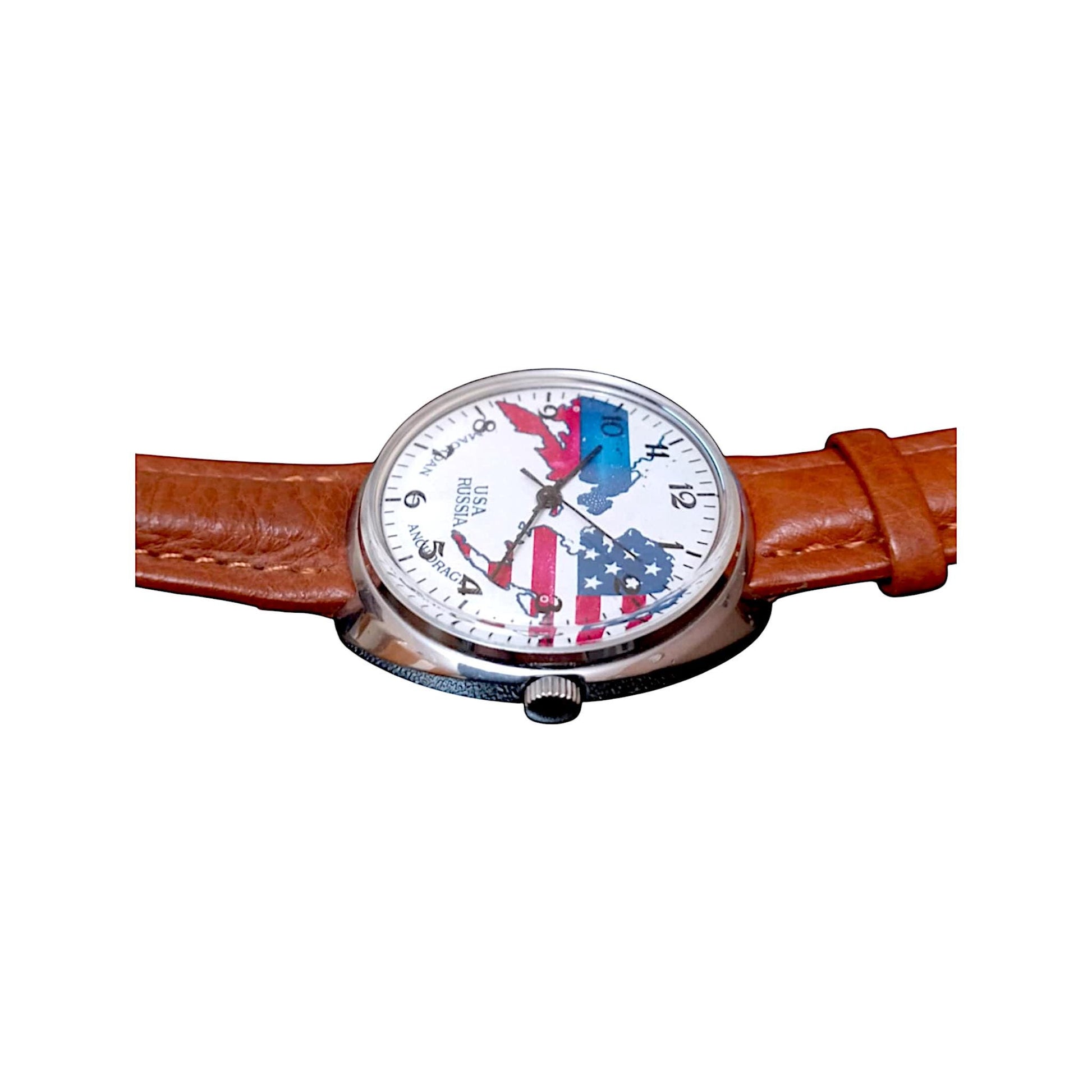 Vintage Soviet Raketa Mechanical Watch – USA & USSR Flags, Cold War Era, 1980s
