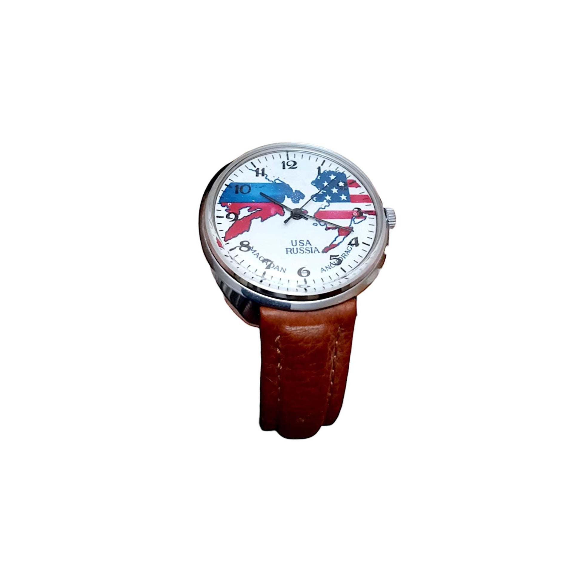 Vintage Soviet Raketa Mechanical Watch – USA & USSR Flags, Cold War Era, 1980s