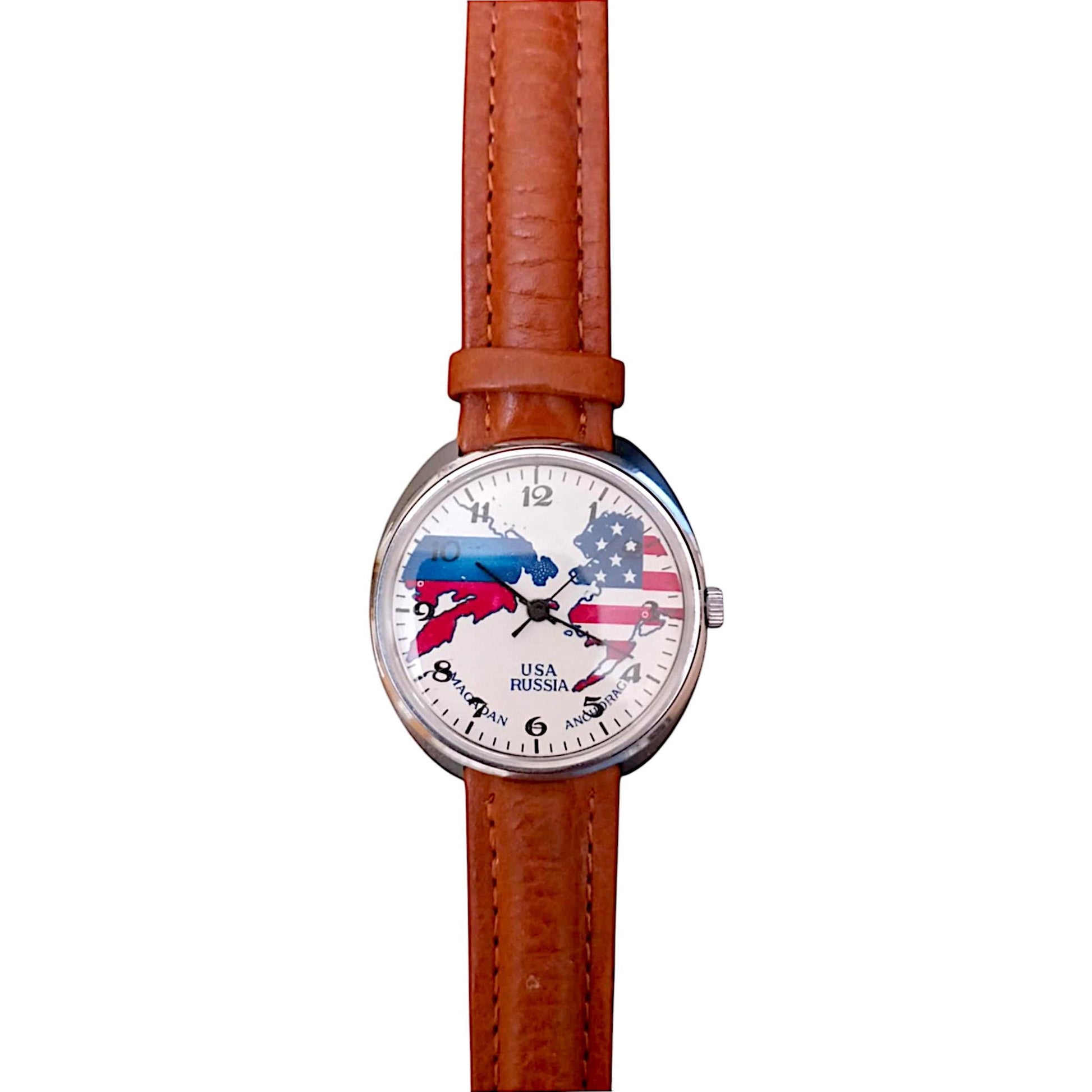 Vintage Soviet Raketa Mechanical Watch – USA & USSR Flags, Cold War Era, 1980s