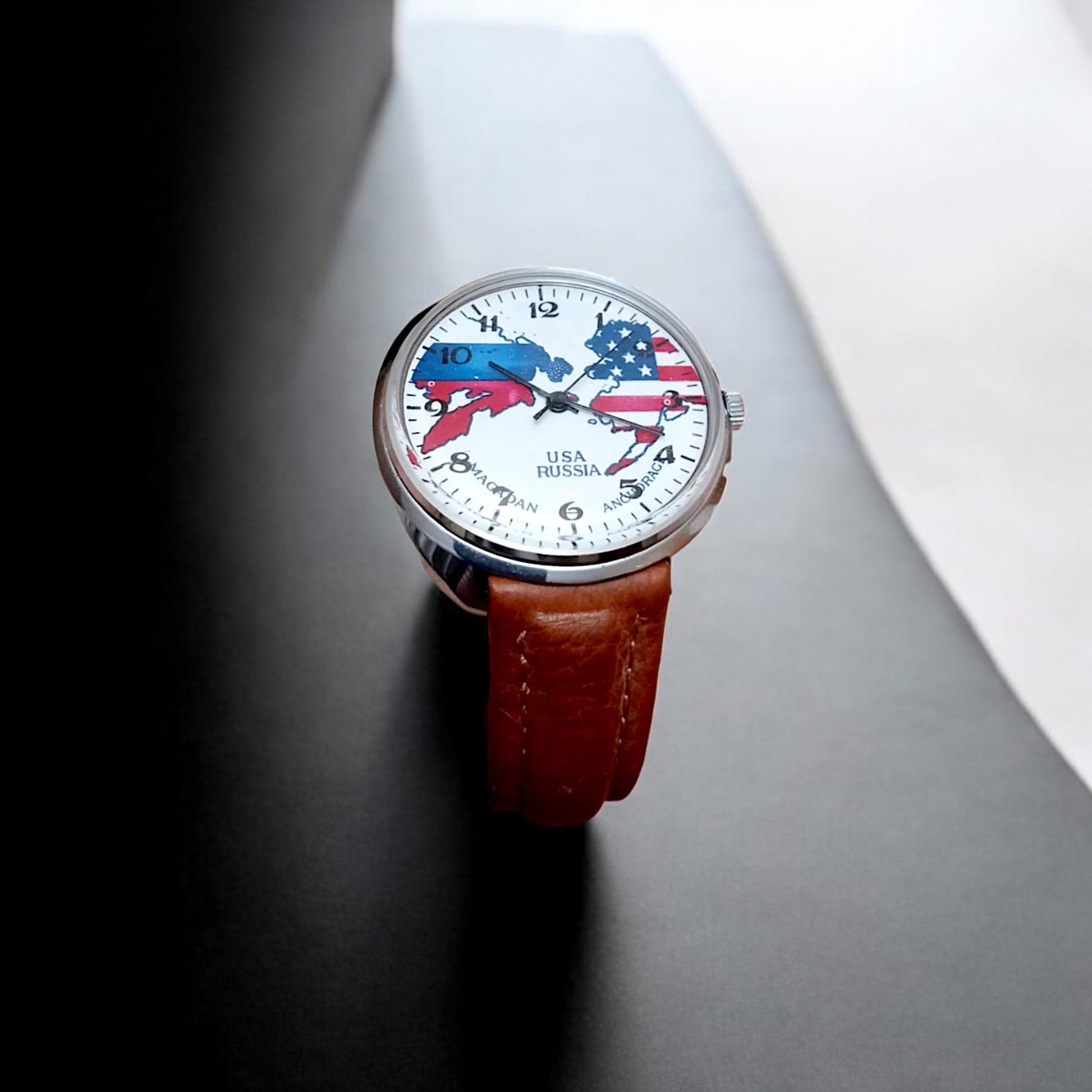 Vintage Soviet Raketa Mechanical Watch – USA & USSR Flags, Cold War Era, 1980s