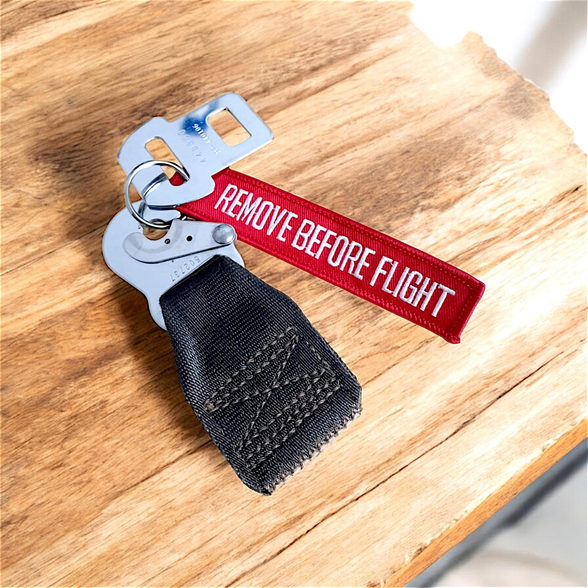 Original Aviation Keychain Made of Boeing 747 Seat Belt Buckles and Remove Before Flight Tag Aviation Gift