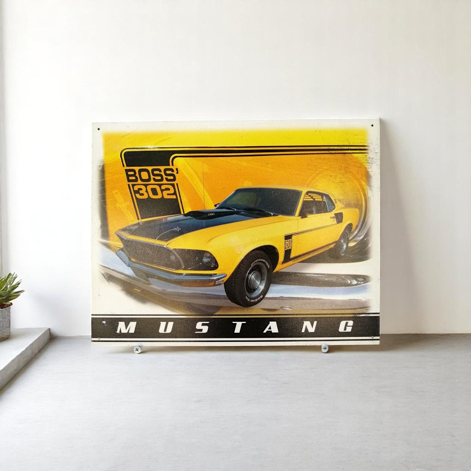 Vintage Ford Mustang Boss 302 Metal Sign 1990s USA Garage Wall Art Man Cave Decor Official Licensed Retro Car Plaque