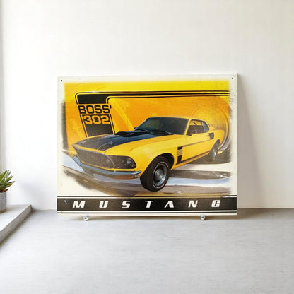 Vintage Ford Mustang Boss 302 Metal Sign 1990s USA Garage Wall Art Man Cave Decor Official Licensed Retro Car Plaque