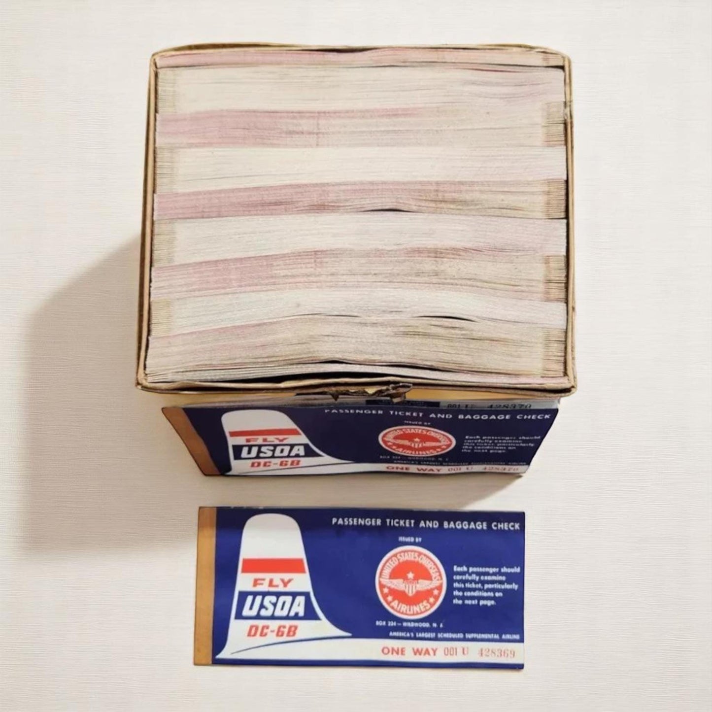 United States Overseas Airlines 200 Unused Passenger Ticket & Baggage Check Booklet 1950s with Original Box