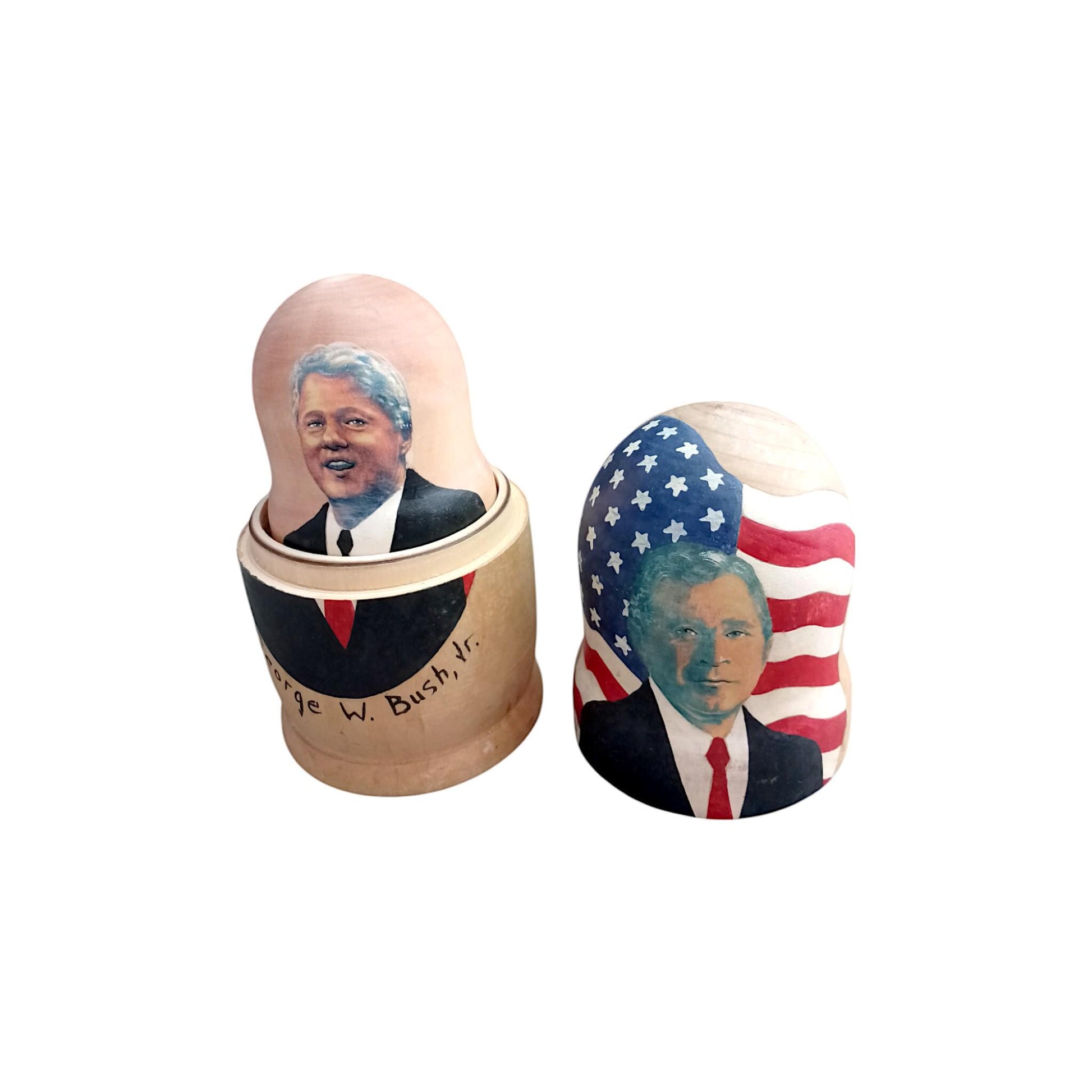 Wooden Hand Painted Nesting Dolls Set of US Presidents George W Bush Bill Clinton George HW Bush Ronald Reagan Jimmy Carter Vintage American