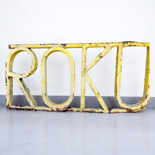 Vintage Heavy Metal Sign ROKU Industrial Steel Wall Decor Year Lettering Rustic Yellow Paint