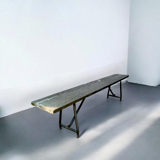 1960s Military Field Folding Bench Vintage Industrial Wood & Steel Seating