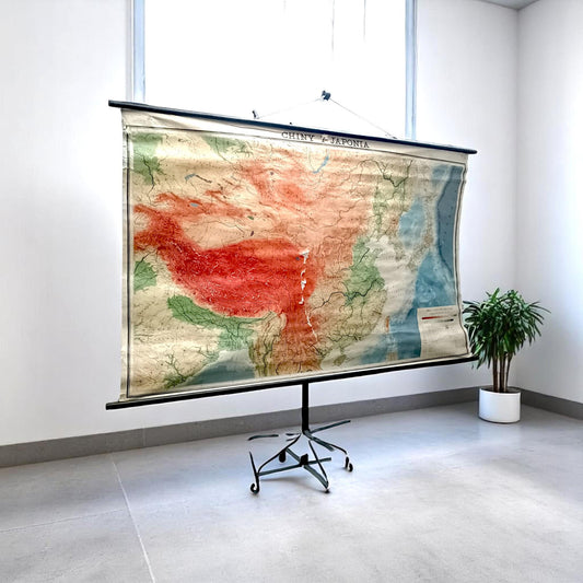Vintage 1971 School Wall Map China and Japan | Large Educational Wall Map | PPWK Poland | Linen Canvas Educational Chart Cold War Era