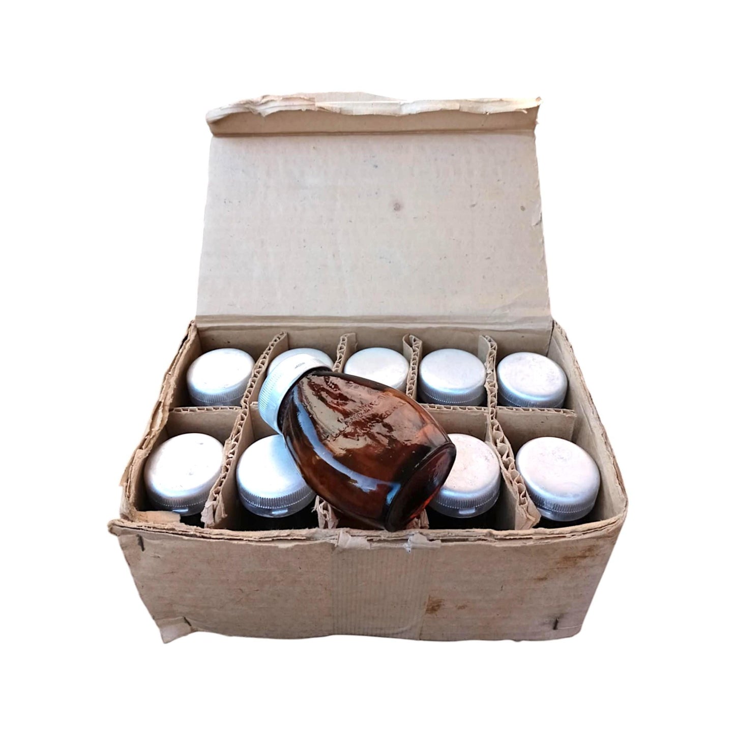 Original Box of 10 Vintage Apothecary Bottles Pharmacy Glass Jars 1977 NOS Cold War-Era
