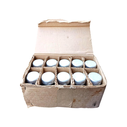 Original Box of 10 Vintage Apothecary Bottles Pharmacy Glass Jars 1977 NOS Cold War-Era
