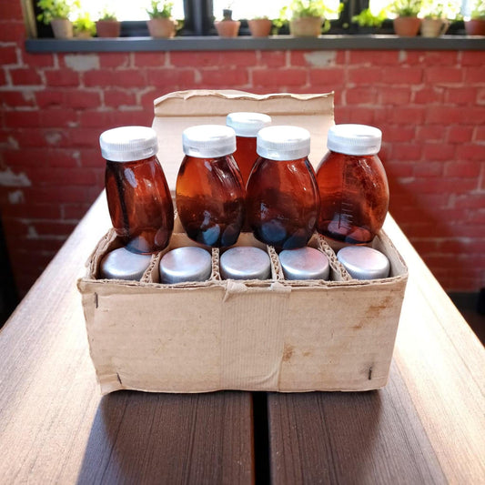 Original Box of 10 Vintage Apothecary Bottles Pharmacy Glass Jars 1977 NOS Cold War-Era