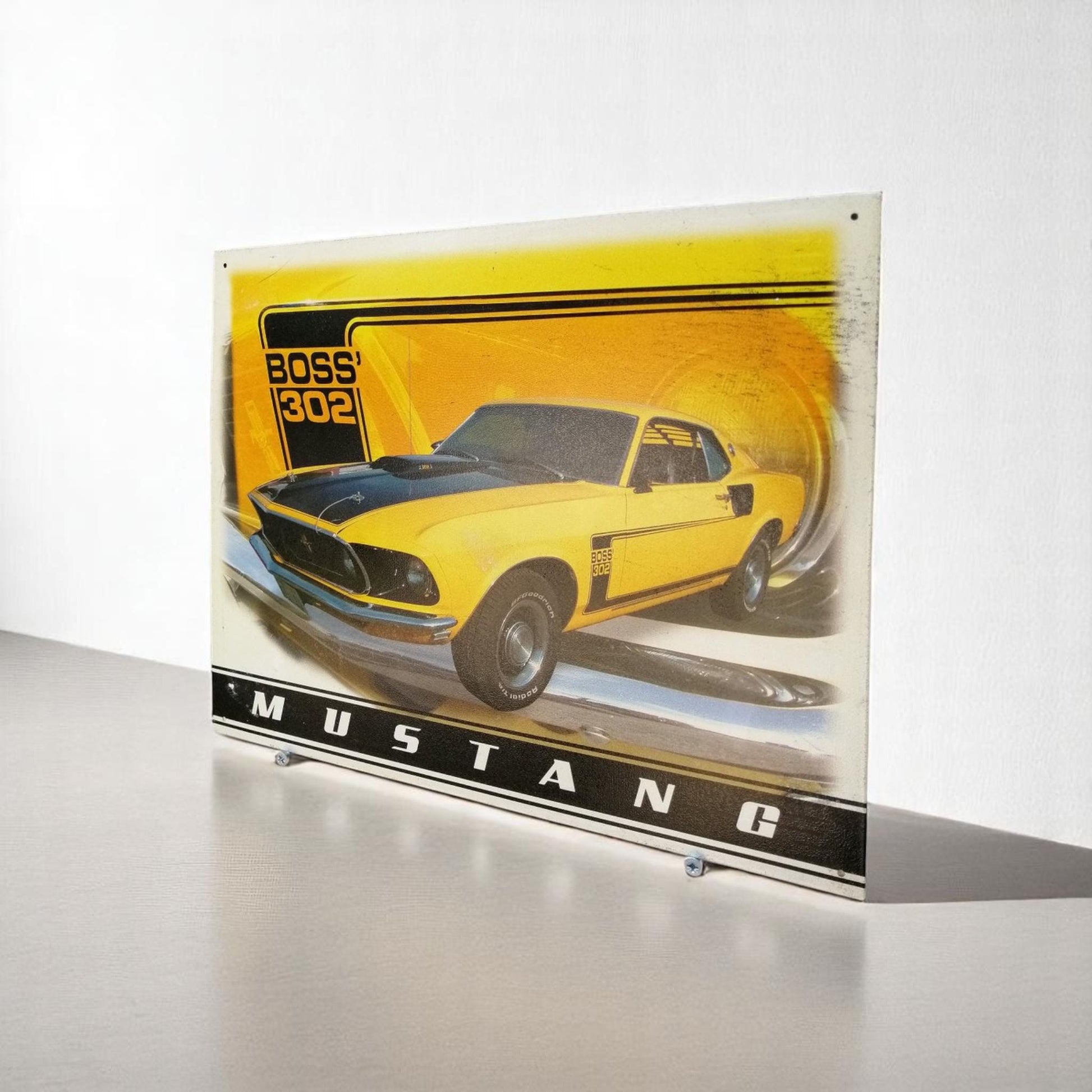 Vintage Ford Mustang Boss 302 Metal Sign 1990s USA Garage Wall Art Man Cave Decor Official Licensed Retro Car Plaque