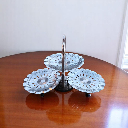Vintage Folding Pastry Stand from PRL – 3-Tier Metal Fruit or Dessert Tray – Polish Mid-Century Modern Decor