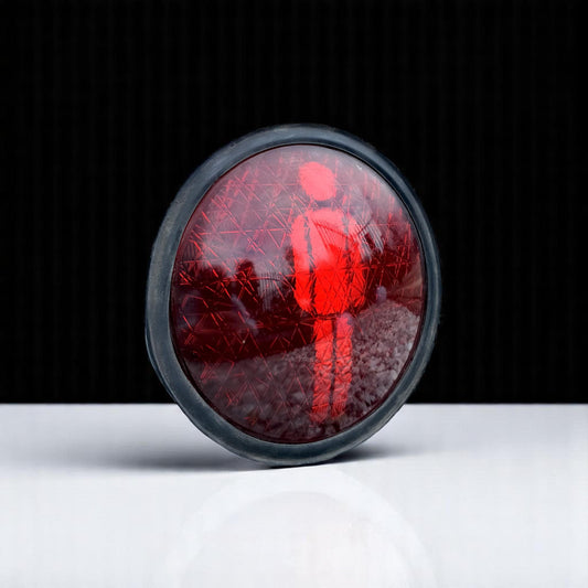 Vintage Red Glass Traffic Signal Lens – Pedestrian Symbol – 1990s Industrial Street Light Reflector Garage Retro Decor