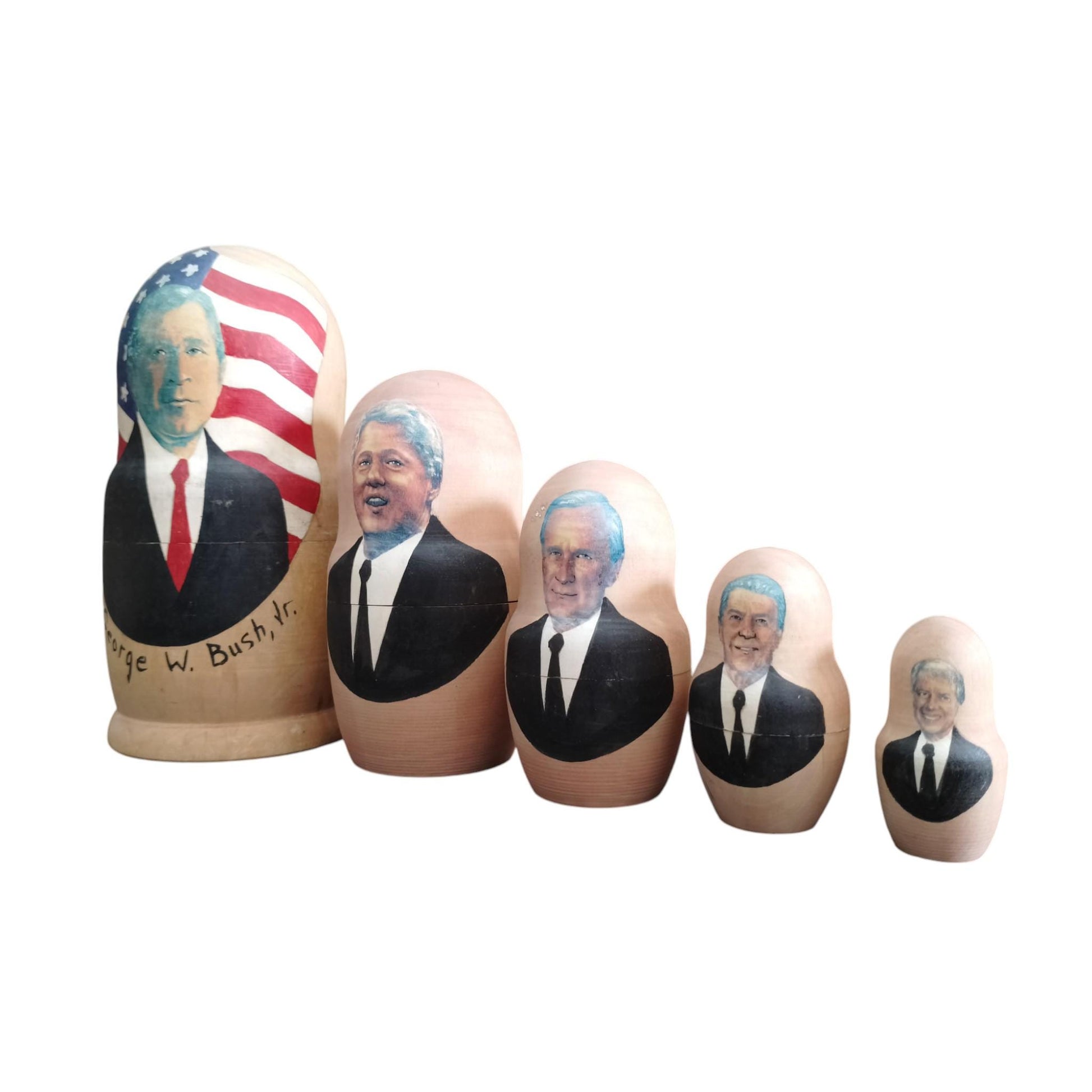Wooden Hand Painted Nesting Dolls Set of US Presidents George W Bush Bill Clinton George HW Bush Ronald Reagan Jimmy Carter Vintage American