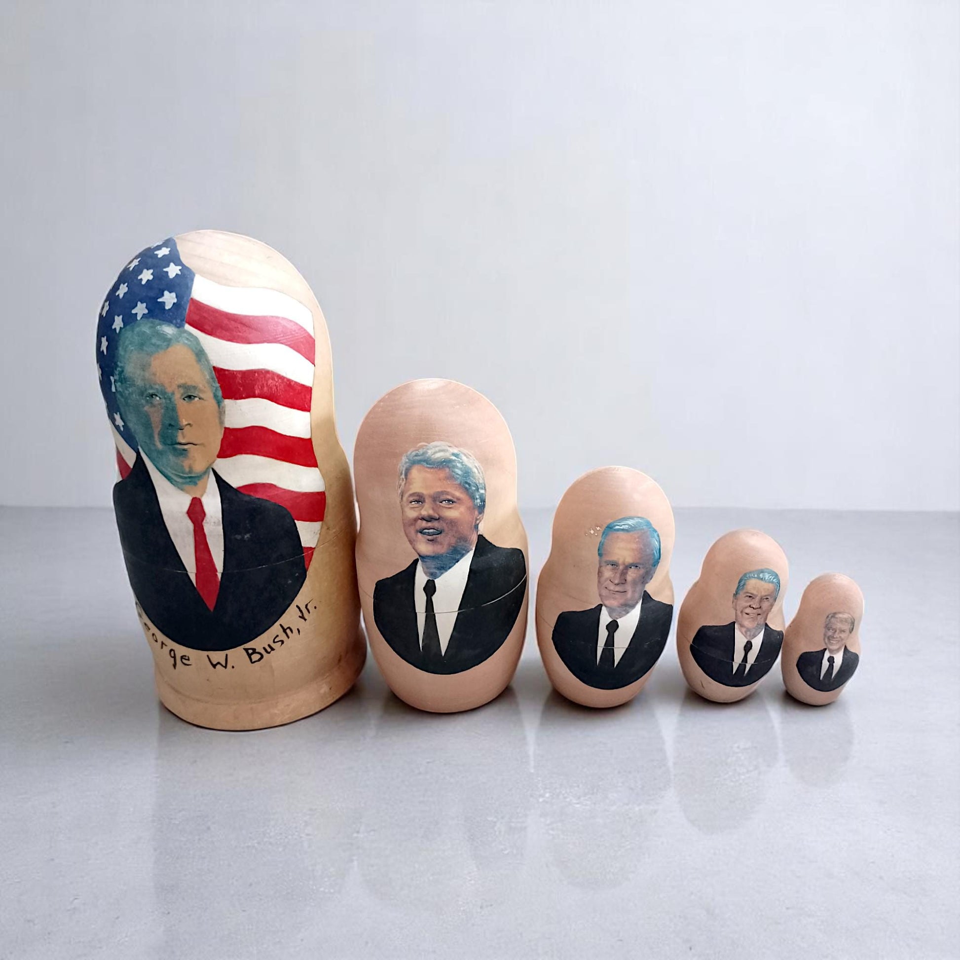 Wooden Hand Painted Nesting Dolls Set of US Presidents George W Bush Bill Clinton George HW Bush Ronald Reagan Jimmy Carter Vintage American