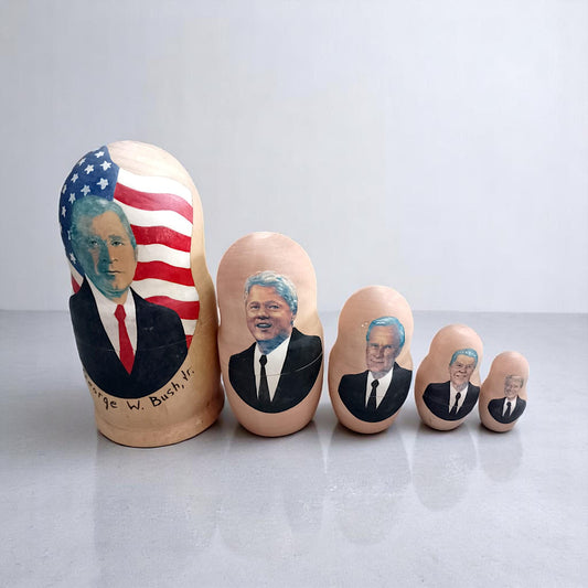 Wooden Hand Painted Nesting Dolls Set of US Presidents George W Bush Bill Clinton George HW Bush Ronald Reagan Jimmy Carter Vintage American