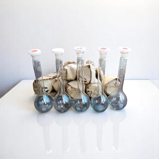 Set of 5 NOS Glass Volumetric Flasks Vintage Laboratory Glass New Old Stock H.S. Wołomin Poland 1970s Industrial Decor