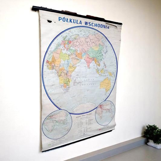 Vintage 1973 Eastern Hemisphere School Wall Map | Large Educational Political Chart | PPWK Poland | Linen Canvas Cold War Era Industrial