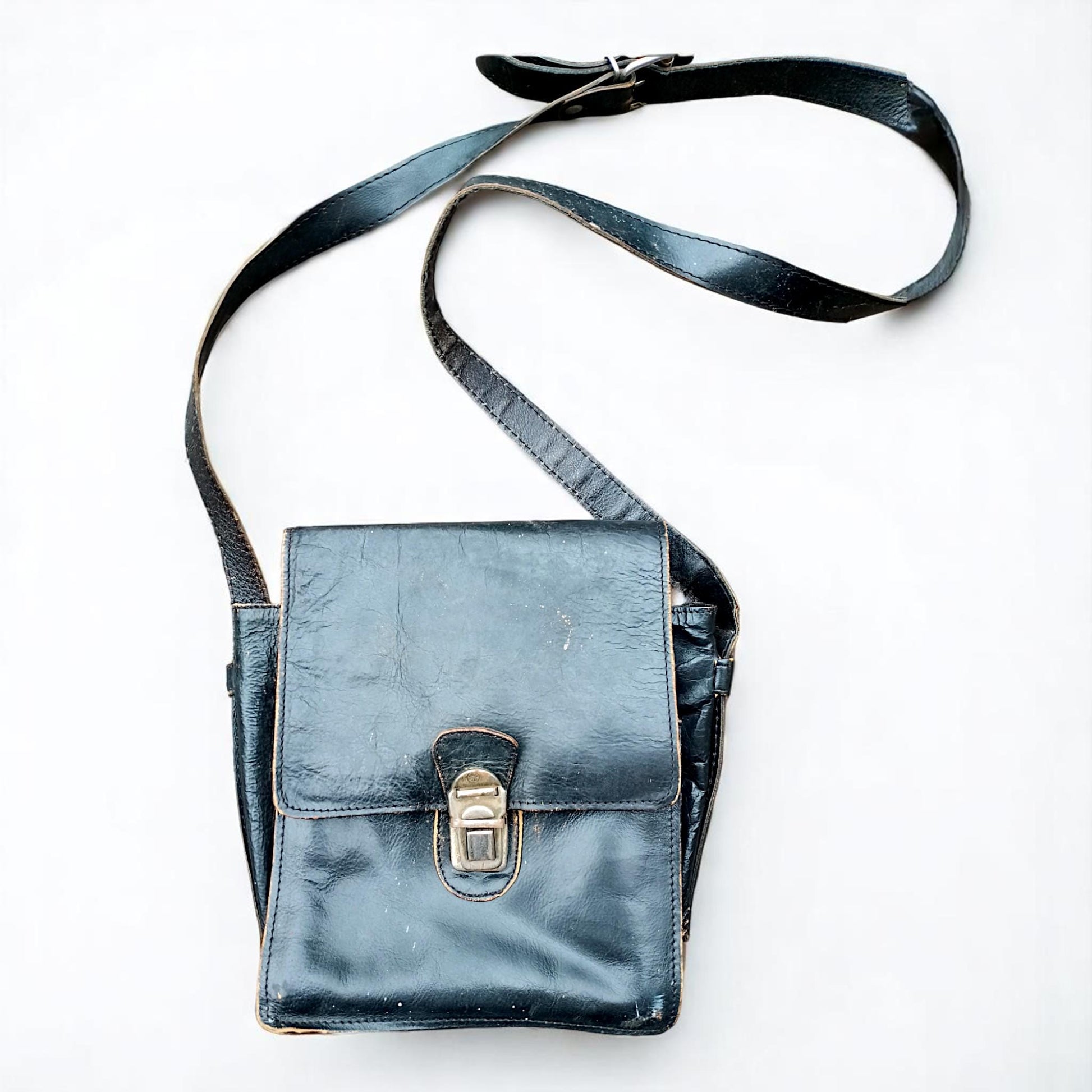 Vintage Black Genuine Leather Shoulder Bag 1970 Central Europe