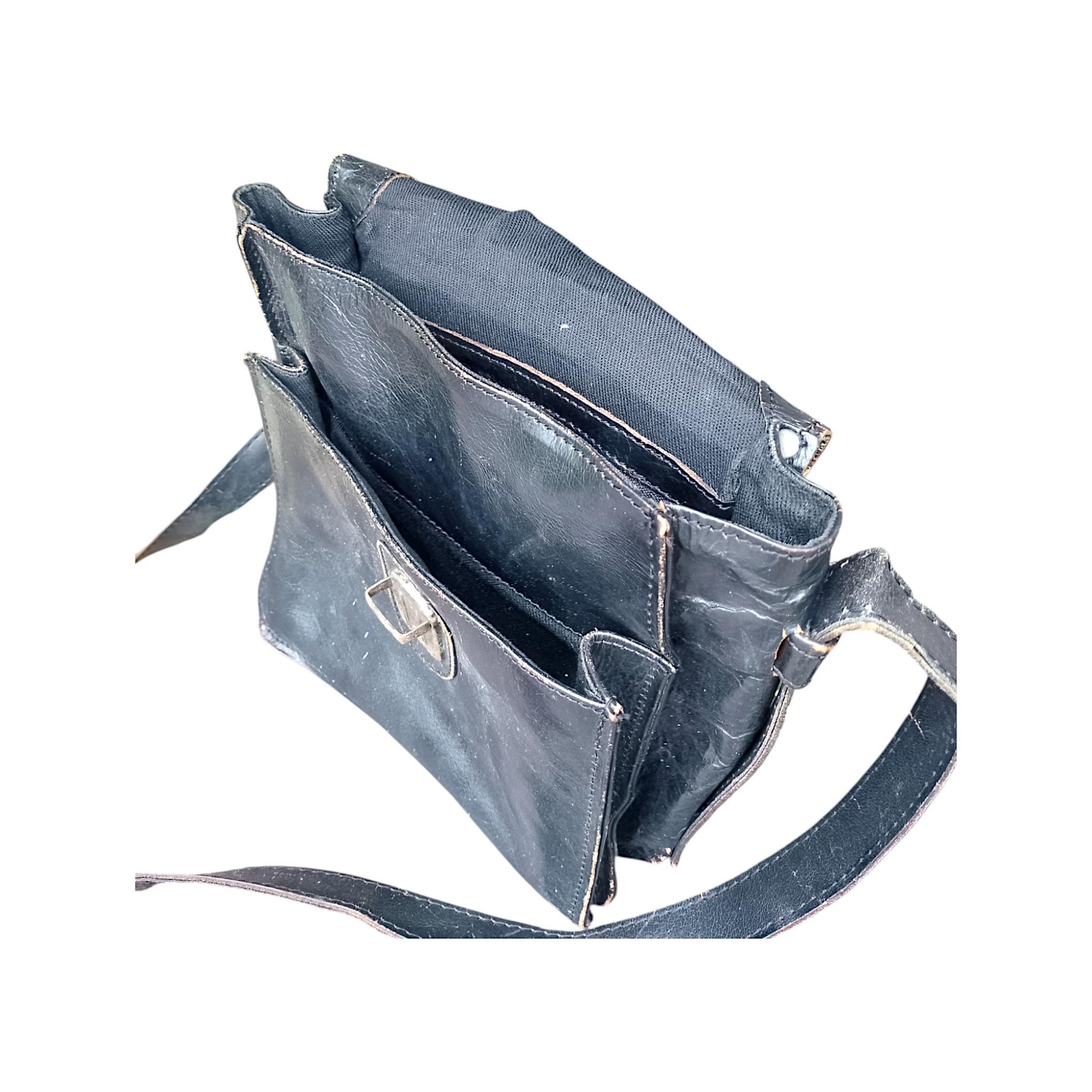 Vintage Black Genuine Leather Shoulder Bag 1970 Central Europe